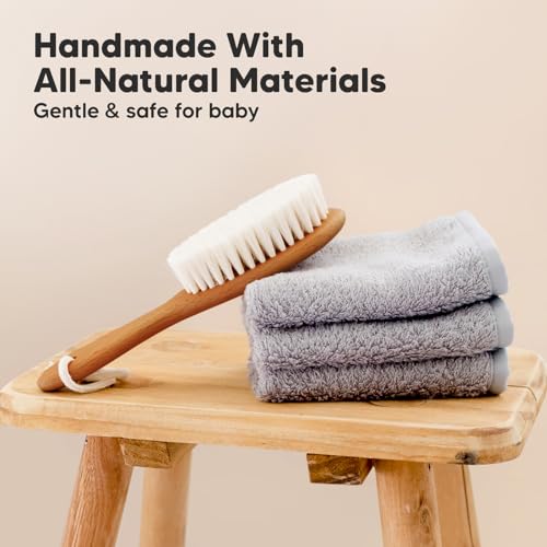 KeaBabies Baby Hair Brush and 6-Pack Baby Washcloths for Newborn - Wooden Brush with Soft Goat Bristles, Organic Wash Cloth, Cradle Cap Hairbrush for Newborns and Infants