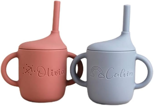 Customized Name Baby Silicone Straw Cup Food Grade Toddler Training Container Silicone Baby Cup With Straw And Lid 5 Styles To Mix And Match Best Gift For Newborns (B)