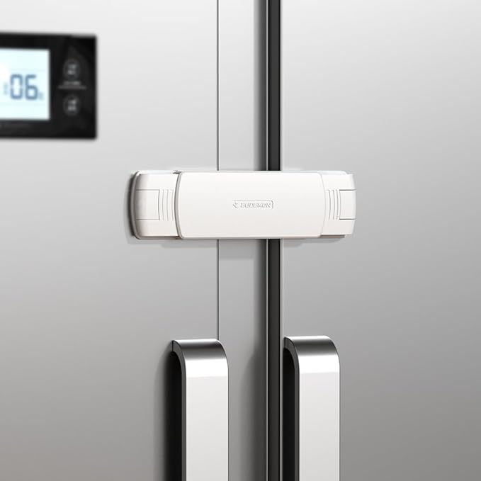 EUDEMON 2 Pack Latest French Fridge Lock French Door Refrigerator/Freezer Lock Apply to Max 3.54"(90mm) Two Door Gap Distance for Kids & Babies,Easy to Install no Tools Need or Drill (White)