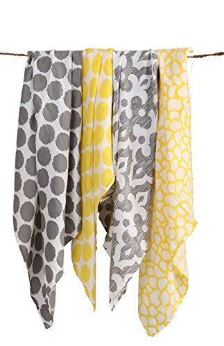Bacati - 4 Pack Unisex Baby Swaddle Blanket Breathable Swaddle Wrap Soft Cotton Muslin Receiving Blanket for Boys or Girls, Large 45 x 45 inches (Ikat Dots/Giraffe, Yellow/Grey)