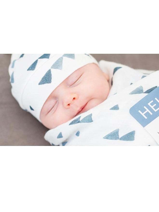 Lulujo Baby Hello World Newborn Hat and Swaddle Blanket Set, Triangle Blue