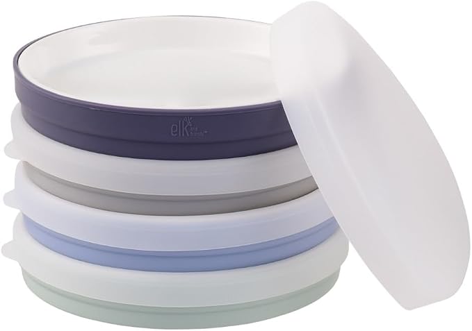 Elk and Friends Kids 7.8” Porcelain White Plates with Silicone Sleeves + Lids | Suitable for Babies/Toddlers | Microwave & Dishwasher Safe | Non Slip Dinnerware | Snack Dishes | 4 Pack