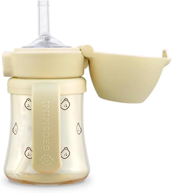 GROSMIMI Flip Top Spill Proof Sippy Cup, PPSU, BPA Free, 6 oz, Stage 2 Straw for Toddlers (Bear)