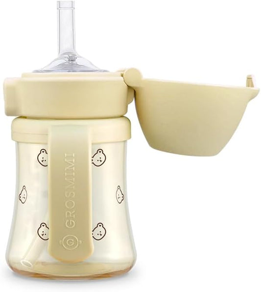 GROSMIMI Flip Top Spill Proof Sippy Cup, PPSU, BPA Free, 6 oz, Stage 2 Straw for Toddlers (Bear)