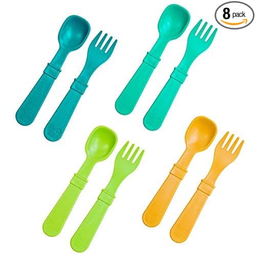 Re-Play Toddler Forks and Spoons Set - 4x4 Utensils Set for Kids - Dishwasher and Microwave Safe - Made in USA - Set of 8-5.8" x 1.2" x 0.2" - Aqua, Lime, Yellow, Teal