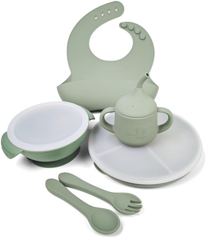 Silicone Baby Feeding Set| Silicone Divided Suction Plate and Bowl with Lids |Toddler Feeding Set| Training Cup with Straw|Fork Spoon Bib| Toddler Baby Led Weaning Supplies (Green)