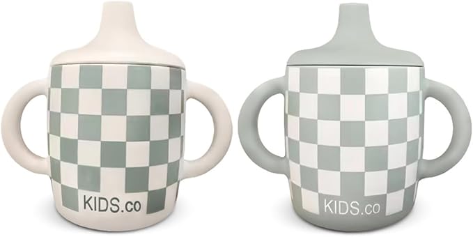 KIDSco. Silicone Sippy Cups (2 Pack) ??Soft Spout & Easy Grip Handles for Babies 6+ months, Plastic Free, Toxic Free Silicone, Leak-Resistant, Dishwasher Safe (Checkers)