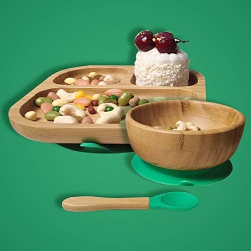 Baby Toddler Stay Put Dish, Kids Suction Plate & Bowl & Spoon, Bamboo Cute Tableware (Green Set)
