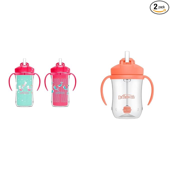 Dr. Brown's Milestones Insulated Sippy Cup with Straw and Handles, Pink, 10oz, 2 Pack, 12m+ & Dr. Brown’s Milestones Baby’s First Straw Cup, Training Cup with Weighted Straw, Coral, 6m+
