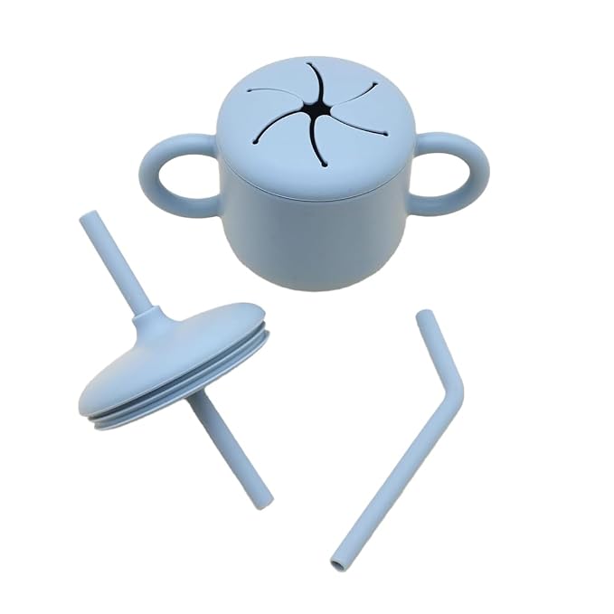 Silicone Baby Feeding Set Whimsy Blue Infant Tableware Collection with Bib Suction Bowl Utensils Straw Cup Snack Container