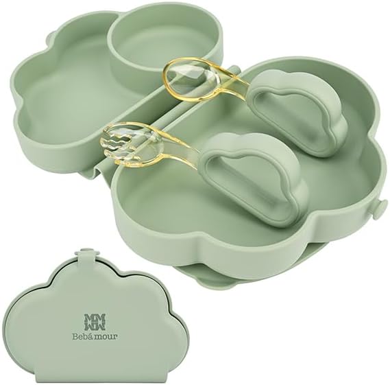Bebamour Cloud Petal Suction Plate Set Divided Baby Silicone Utensils Tableware Set with Spoons and Forks (Green)