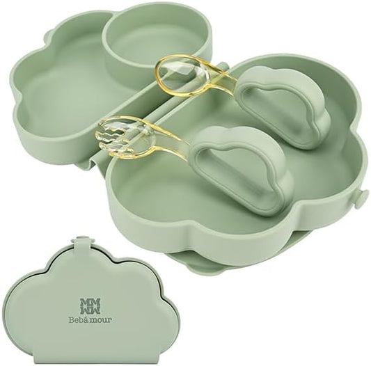 Bebamour Cloud Petal Suction Plate Set Divided Baby Silicone Utensils Tableware Set with Spoons and Forks (Green)