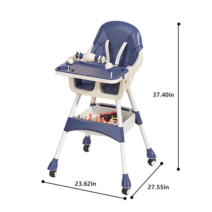Portable Baby High Chair for Babies & Toddlers, Easy-Clean Multi-Use Feeding Chair with Lockable Wheels & Toy Storage Basket-Blue