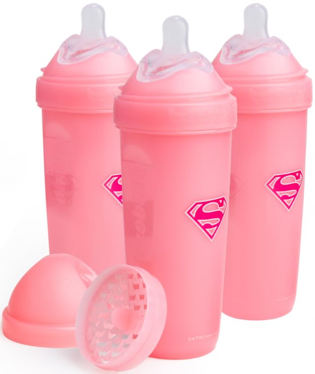 Herobility Anti-Colic Baby Bottles 12 fl oz/340ml - Pack of 3 Plastic Baby Bottles, Fast Flow Plastic Bottles, Breast-Shaped Teat for Breastfed Babies, Small Baby Bottles, Swedish Design, Supergirl