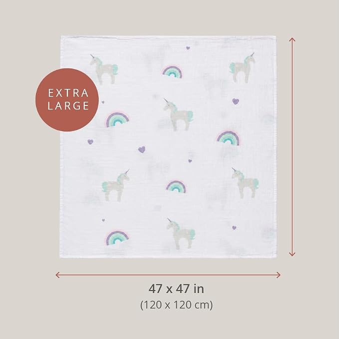 Lulujo Baby 100% Cotton Muslin Swaddle Blanket, 47 x 47-Inches, Rainbows and Unicorns