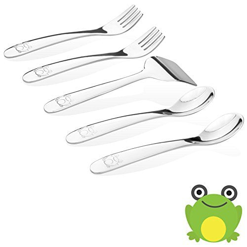 Baby Utensil Set ??5-Piece Stainless Steel (304) Spoons, Forks & Food Pusher | Lead-Free, BPA-Free, No Sharp Edges | Self-Feeding, Baby-Led Weaning | Frog Model | CPSIA Compliant