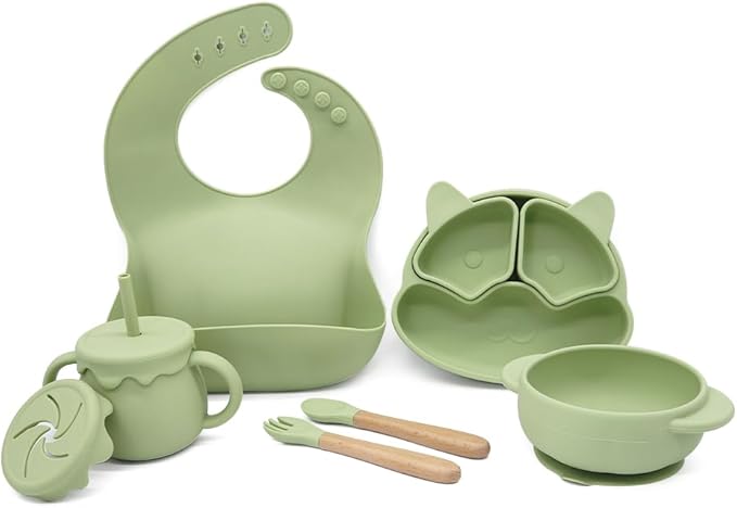 Baby Feeding Essentials, Baby Led Weaning Supplies, Silicone Baby Feeding Set, with Baby Spoon, Fork, Baby Bib, Sippy Cup, Suction Plate, Suction Bowl, Baby Eating Essentials, 6+ Months (Olive)