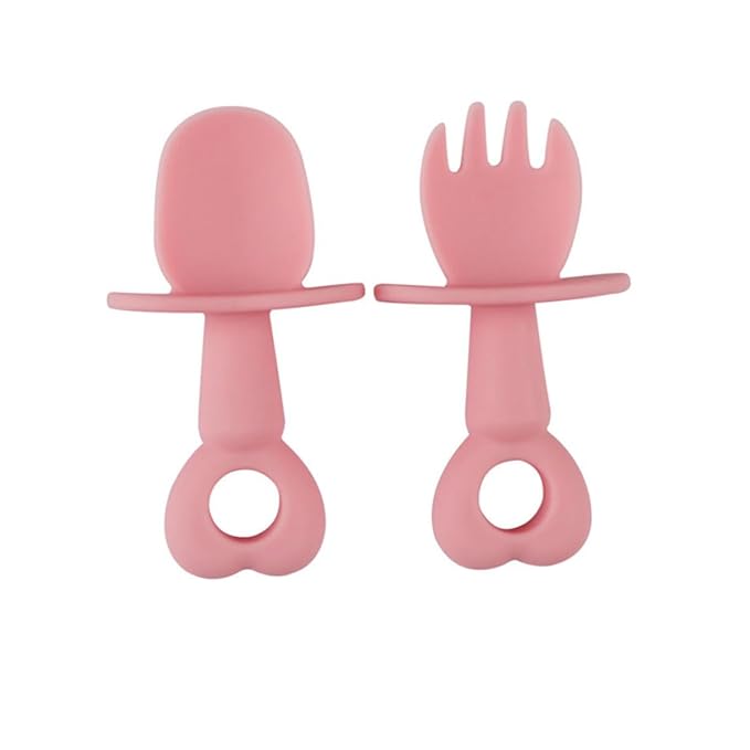 Yardwe 2pcs Adorable Boy Girl Fork Spoon Heart-Shaped Food-Grade Silicone Tableware for Training Safe Non- Design for Years Old
