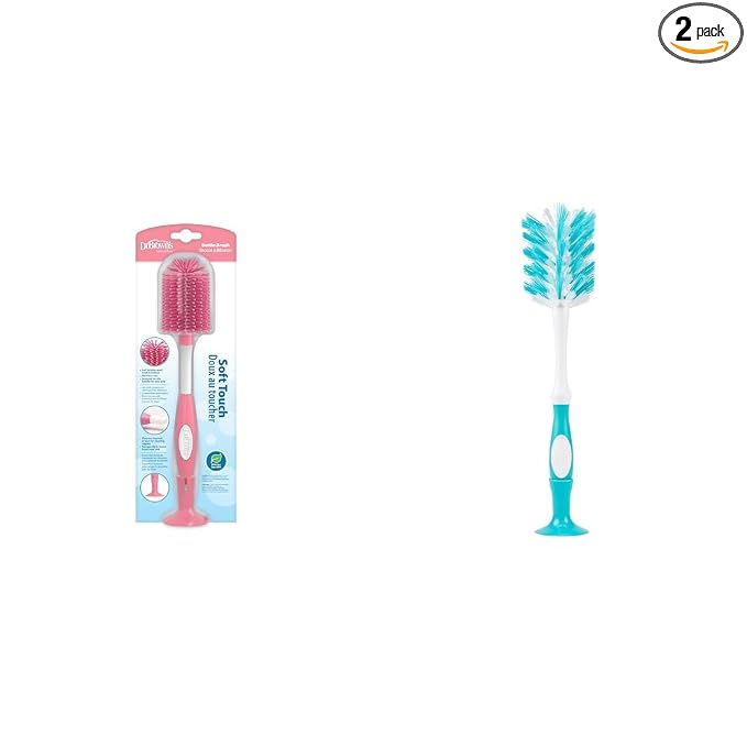 Dr. Brown's Soft Touch No Scratch Baby Bottle Cleaning Brush, Pink, 1-Pack + Deluxe Baby Bottle Brush with Vent Cleaning Brush, BPA-Free, Blue, 1-Pack