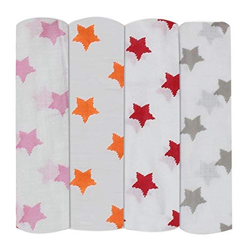 Bacati 4 Piece Stars Muslin Swaddling Blankets for Girls, Pink/Orange/Red/Grey, 45" x 45"