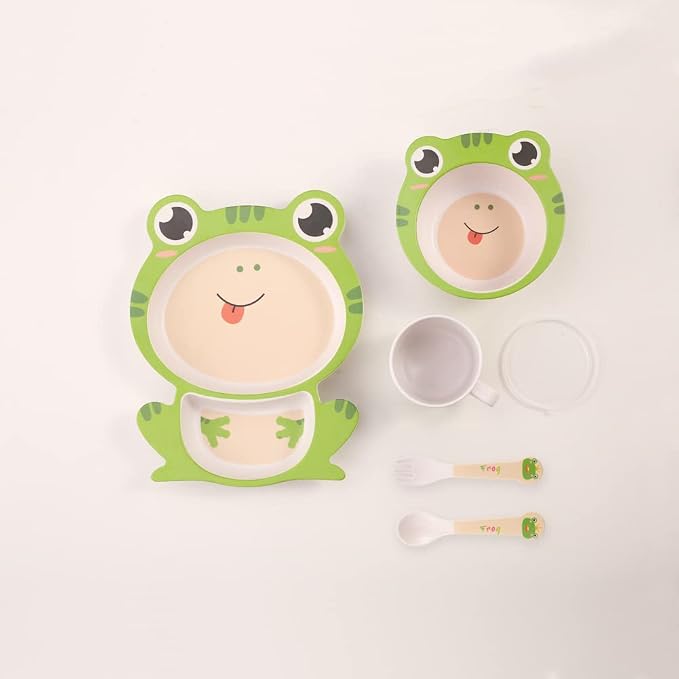 Kids Dinnerware Set Bamboo 5 Pcs with Plate Bowl Cup Fork Spoon (Frog)