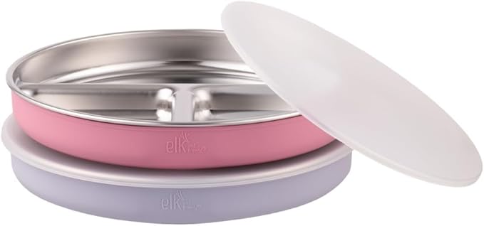 Elk and Friends Stainless Steel Divided Plates + Silicone Sleeve and Storage Lid | Baby, Toddler, Kids | Dinner & Snack Plates | 2 Pack