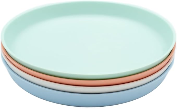 WeeSprout Bamboo Plates, Set of 4, Kid-Sized Dinnerware, Dishwasher Safe Melamine Dishware (Pastel Coral, Blue, Mint & Off White, Without Lids)