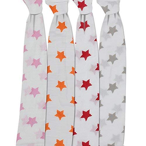 Bacati 4 Piece Stars Muslin Swaddling Blankets for Girls, Pink/Orange/Red/Grey, 45" x 45"