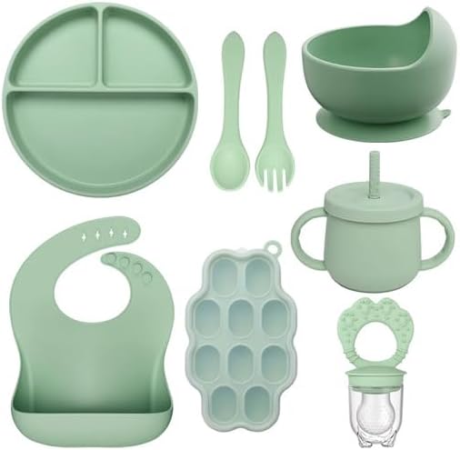8 PCS Baby Feeding Set - Suction Plate, Bowl, Bib, Spoon, Fork, Fruit Feeder & Food Freezer Tray for Babies.