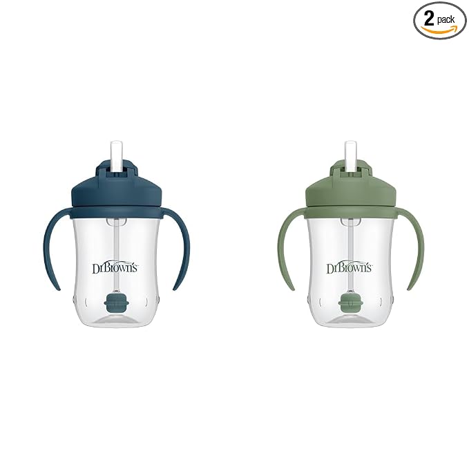 Dr. Brown's Milestones Baby's First Straw Cup, Training Cup with Weighted Straw, 9 oz/270 mL, BPA-free, 6m+, Dark Blue/Olive Green, 2-Pack