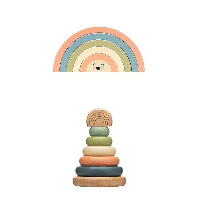 Bundle of Pearhead Wooden Rainbow ArchStacking Toy + Pearhead Wooden Stacking Rainbow Toy, Baby & Toddler - Montessori Toy, Interactive Stackable Rings Learning Toy, Baby Girl or Boy Nursery Accessory