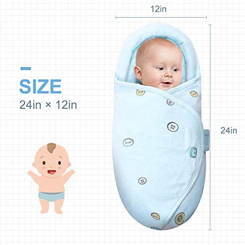 Organic Cotton Soft Baby Swaddle Blankets, Unisex Baby Blanket Wrap for Newborn Baby Boys Girls, Skin Friendly Wearable Swaddling Sleep Sack Calms Startle Reflex (Button, Blue, 0-3 Months)