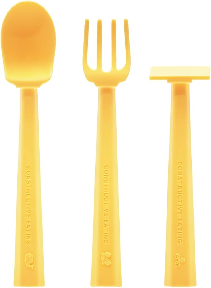 Constructive Eating 3-Piece Training Utensil Set - Sunshine Yellow Turtle - Made in USA - Dishwasher Safe