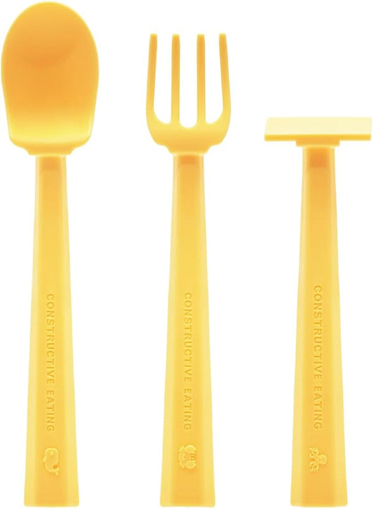 Constructive Eating 3-Piece Training Utensil Set - Sunshine Yellow Turtle - Made in USA - Dishwasher Safe