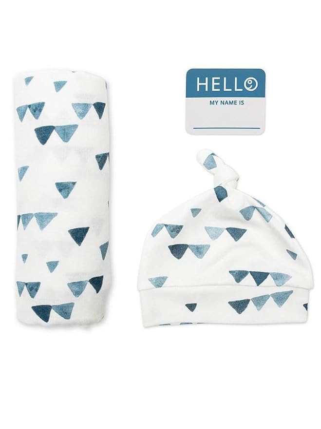Lulujo Baby Hello World Newborn Hat and Swaddle Blanket Set, Triangle Blue