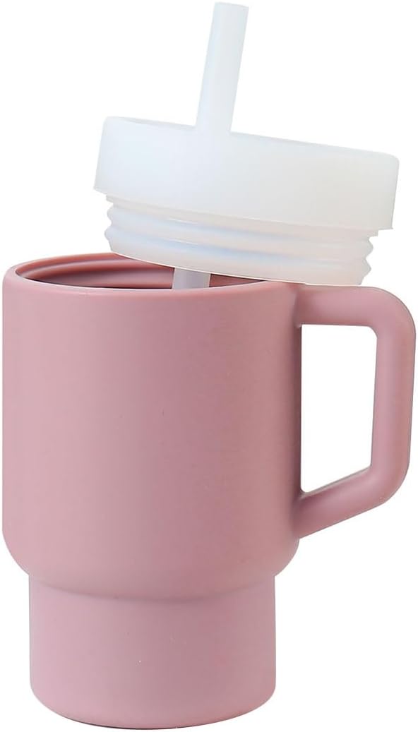 PandaEar Kids Tumbler Silicone Toddler Cup with Straw and Handle, 9.5oz Spill-Proof Training Cup for Baby, BPA-Free, Easy to Clean -Blue (Pink)