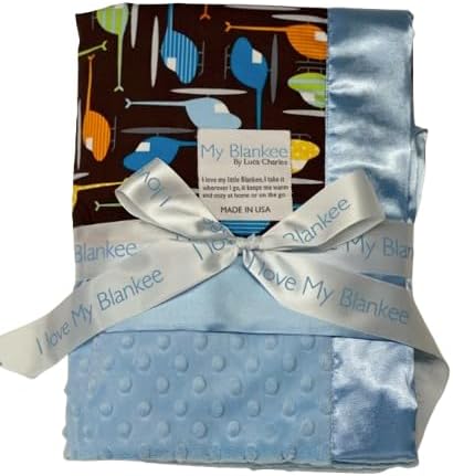 My Blankee Helicopter Brown Pima Cotton with Blue Minky Dot Back Baby Blanket