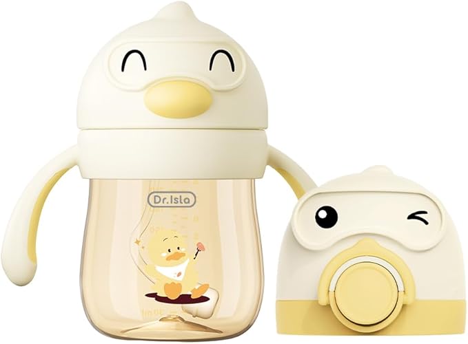 Dr.isla PPSU Weighted Straw Training Cup for 6-12 Months Babies, Spill Proof Transition Sippy Cup for Bottle Weaning, Dual Lids 8oz,Yellow