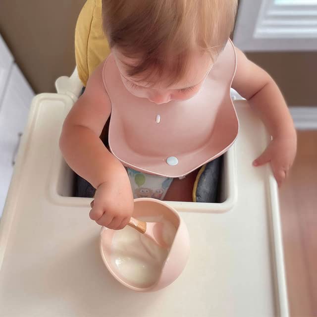 Ginbear Baby Bowls with Suction, Silicone Bibs, Self Feeding Spoons, Led Weaning Supplies, Toddler Eating Set for Ages 6 Months+ (Almond)