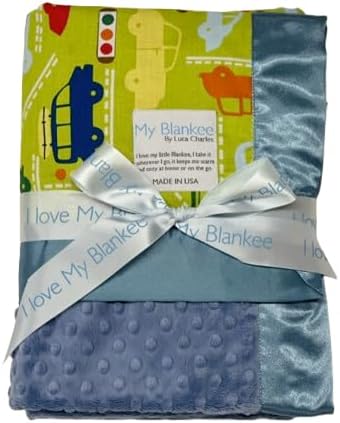 My Blankee Beep Beep Green Pima Cotton with Periwinkle Minky Dot Baby Blanket