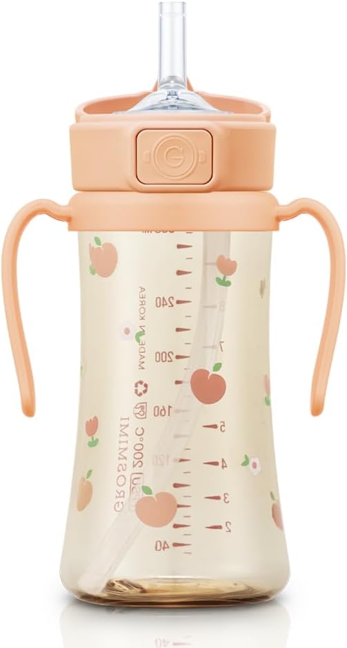 GROSMIMI Flip Top Spill Proof Sippy Cup, PPSU, BPA Free, 10 oz, Stage 2 Straw for Toddlers (Peach flower)
