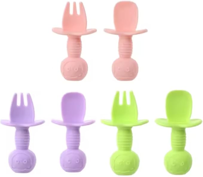 Yummy Baby 3 Pack Deluxe Baby Spoons and Forks Feeding Sets, 3 Month+ First Stage Self Feeding Training Toddler Utensils, For Baby Led Weaning,100% Food Grade Silicone and BPA Free (Pink/Purple/Green)