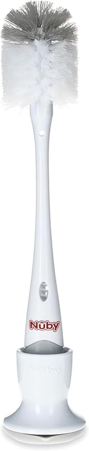 Nuby Bottle and Nipple Brush with Soft Bristles and Stand | 2 Pack: Blue & Grey | Bottle & Nipple Accessory Cleaning Brush with Drying Stand
