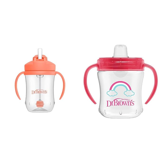 Dr. Brown’s Milestones Baby’s First Straw Cup, Training Cup with Weighted Straw, Coral, 6m+ & Transition Sippy Cup with Soft Spout - Pink - 6oz - 6m+