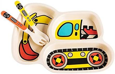 Kid Plate Set Bamboo Toddler Plates Dinnerware Dinner Dish Set Baby Feeding Spill Proof Divided Plate - Baby Spoon and fork 3-Piece Set for Kids and Toddlers (excavator/bulldozer)