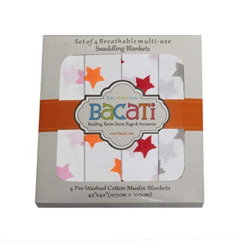 Bacati 4 Piece Stars Muslin Swaddling Blankets for Girls, Pink/Orange/Red/Grey, 45" x 45"