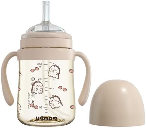 UBMOM No-spill, Backflow prevention Sippy Cup with Straw, PPSU Learner Cup with Handle for Baby and Toddlers, BPA free, 6.76oz (Daino_Choco)