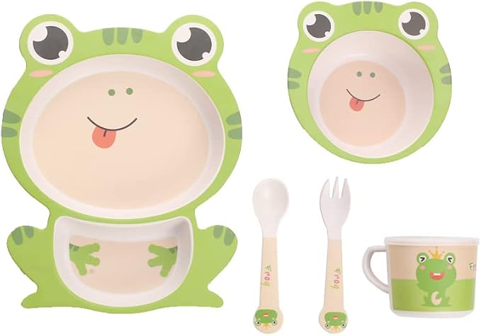 Kids Dinnerware Set Bamboo 5 Pcs with Plate Bowl Cup Fork Spoon (Frog)