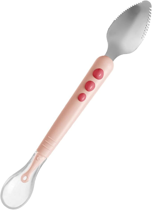 Double Head Fruit Puree Silicone Spoon with Serrated Edge for Safe Feeding and Training Soft Spoon with Compact Storage Box Practical Pink Utensil for First Stage Self-feeding