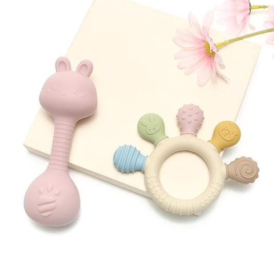 Baby Teether and Rattle Toy Set, BPA-Free, Food-Grade Silicone, Easy-Grip Teething Rattle for Babies, Soothing Teething Toy, Infant Sensory Toy for 3-24 Months (Cat)
